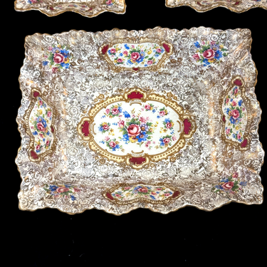 James Kent Pompadour Chelsea Bowls x6 + Center Dish Vintage Floral Gilt Set 1