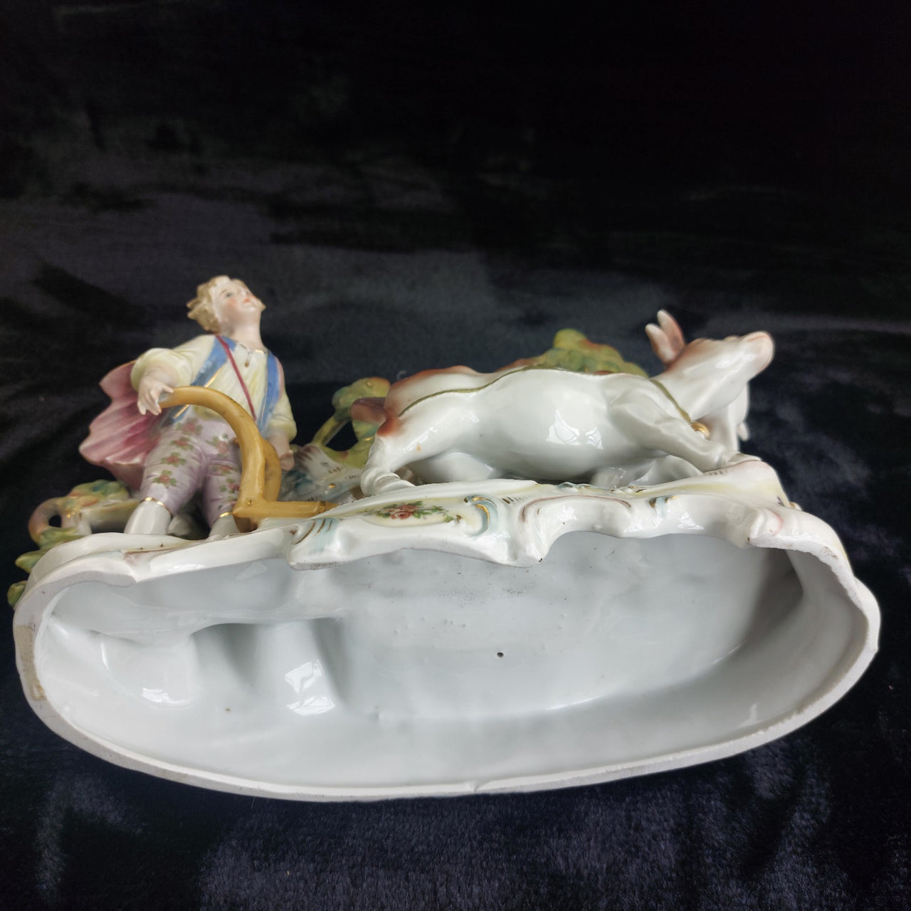 Rococo Antique Dresden Style Figural Group Vase Man Ploughing Oxen Hand Painted13