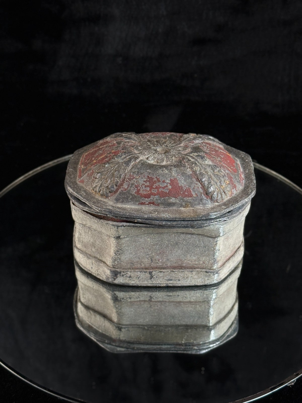 Antique 19th Century Stone Trinket Box Red Floral Relief Lid 5" x 3.5" Heavy4