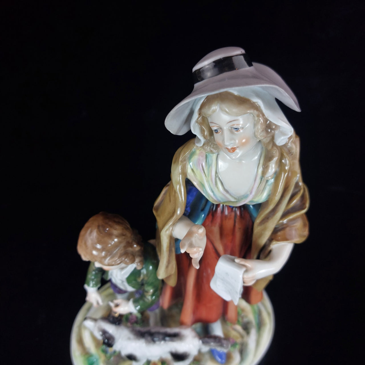 Volkstedt Figurine Porcelain Woman Child Dog Crown N Mark 30cm/12in German 1489g11