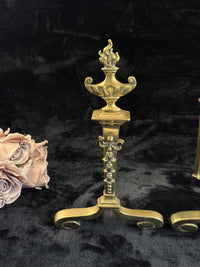 Thumbnail for Antique Brass Fireplace Firedogs Andirons Pair - Georgian Neoclassical Style12