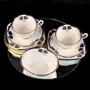 Royal Albert  1930s Crown China Blue Gold Leaf 2 Trios & Sugar Bowl Set England.0
