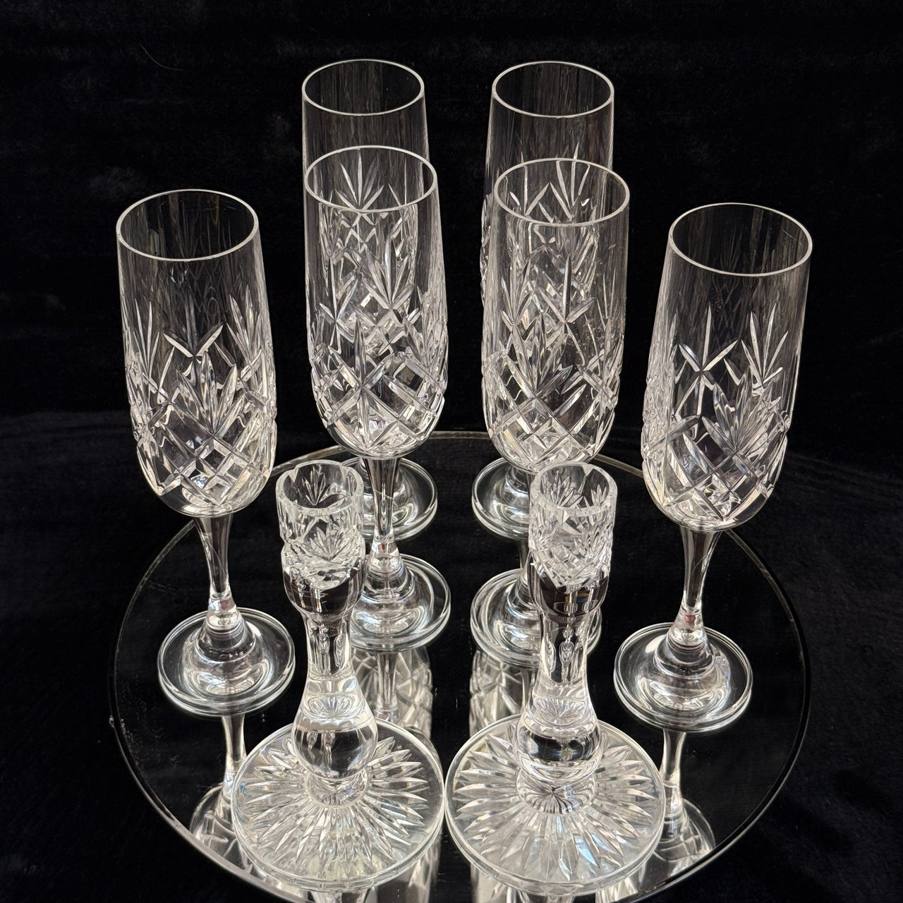 Vintage Cut Crystal Glassware Set – 6 Champagne Flutes & 2 Candlestick Holders0