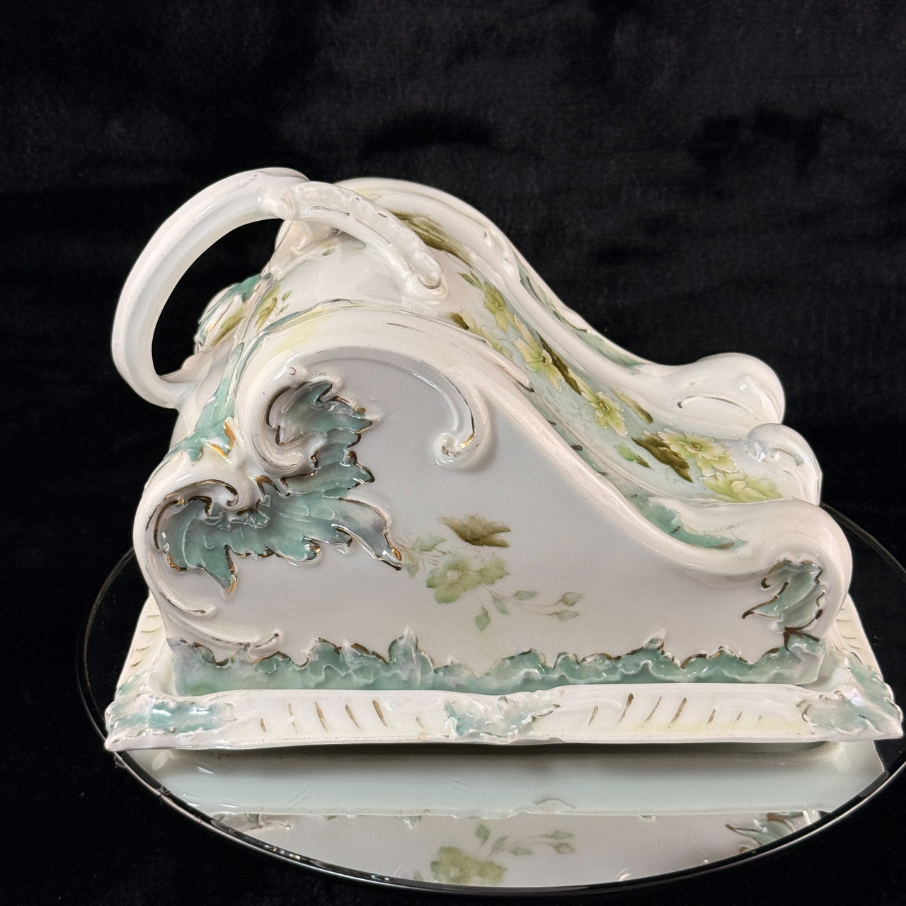 Antique Porcelain butter dish Tureen Art Nouveau Floral Green Gilt Handle 9"x8"8