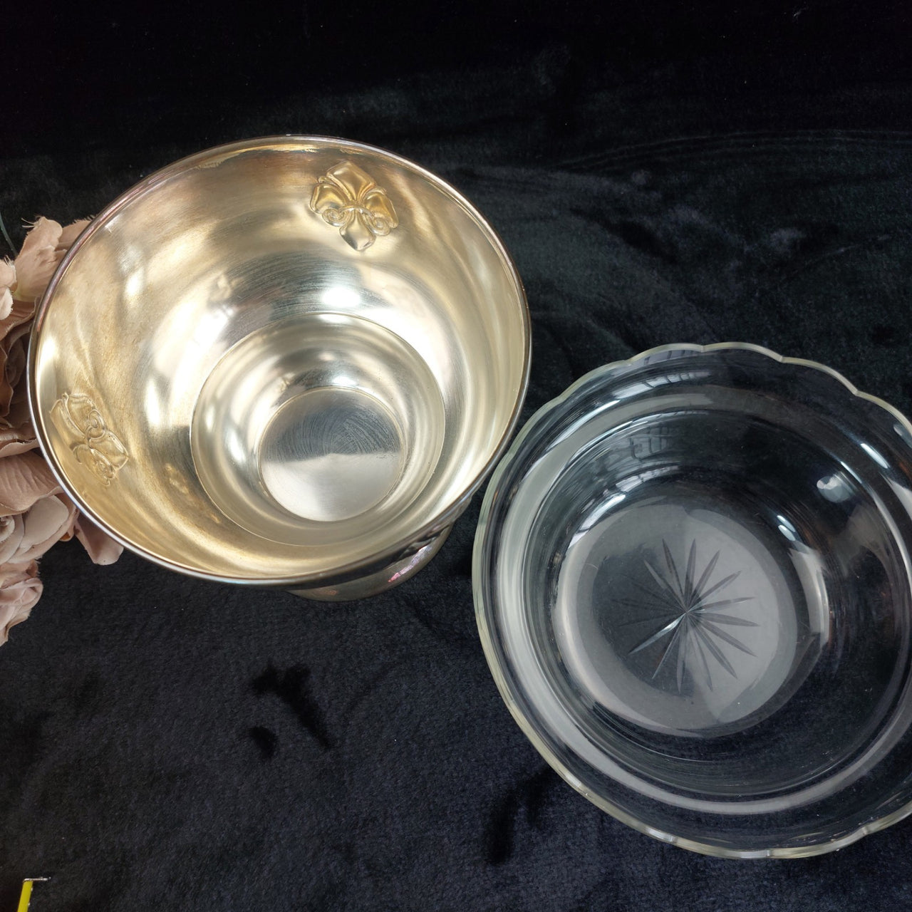 TBE Silverplate Bowl 8.5" Fleur-de-Lis Glass Insert Heavy Worn Acceptable Set4