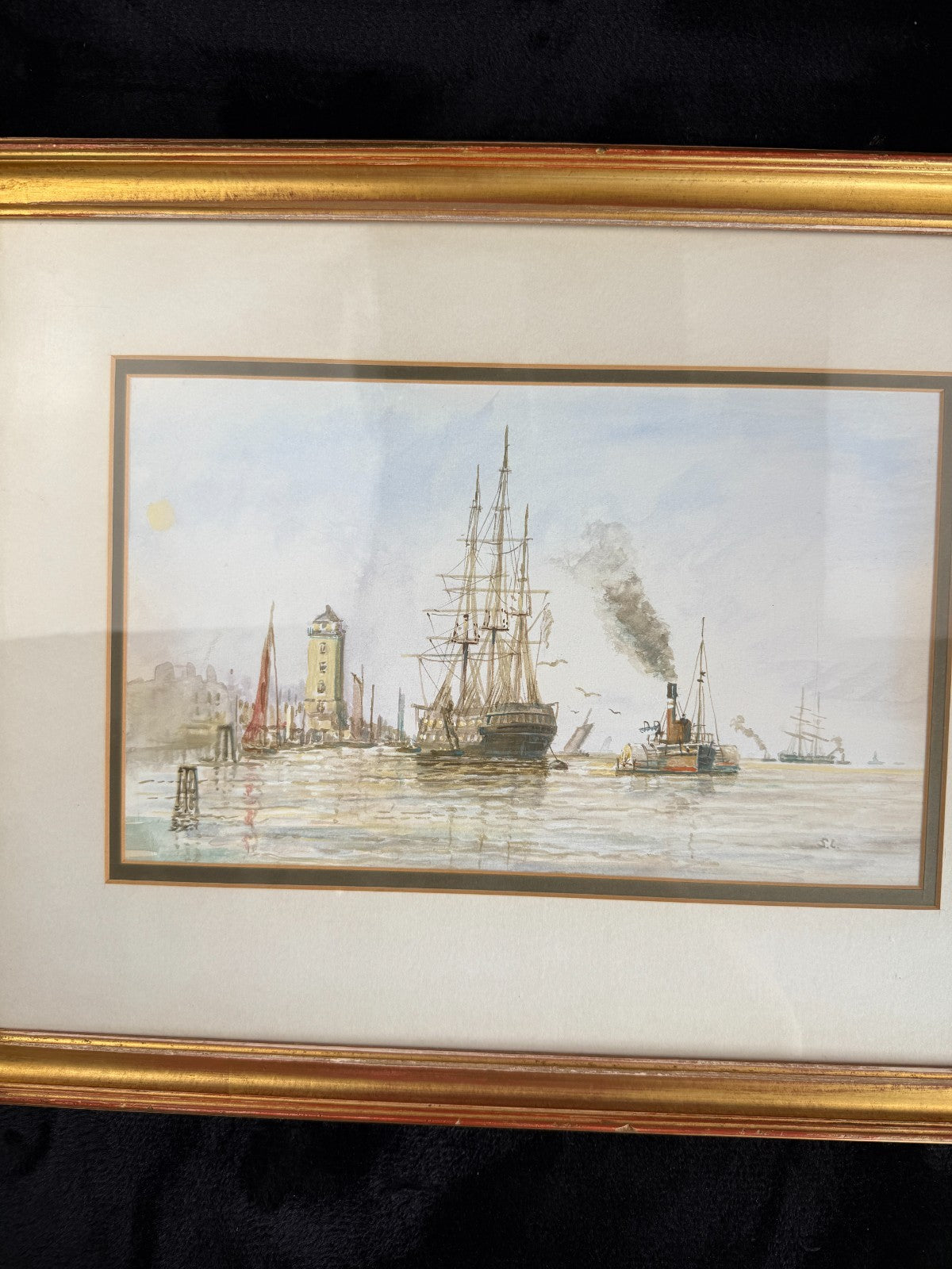Antique S.L. Signed Watercolor wood gold framed- A London Harbor Scene.16
