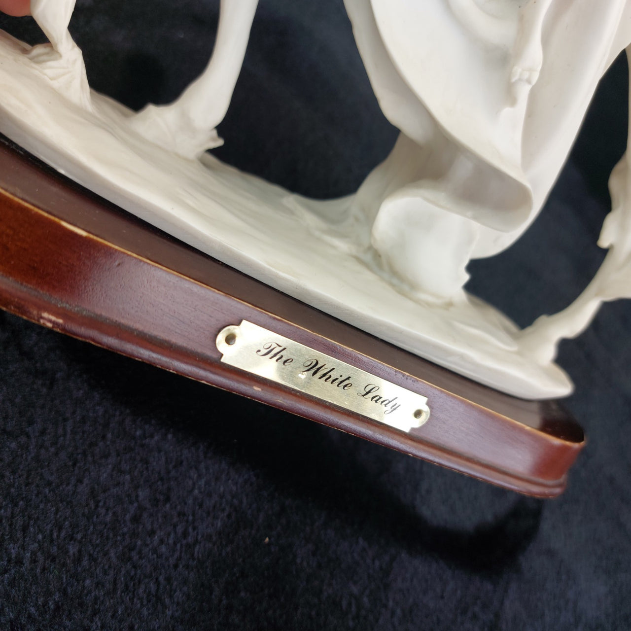 The White Lady Figurine Elegant Matte Bisque Horseback Rider on Wood Base 12"7