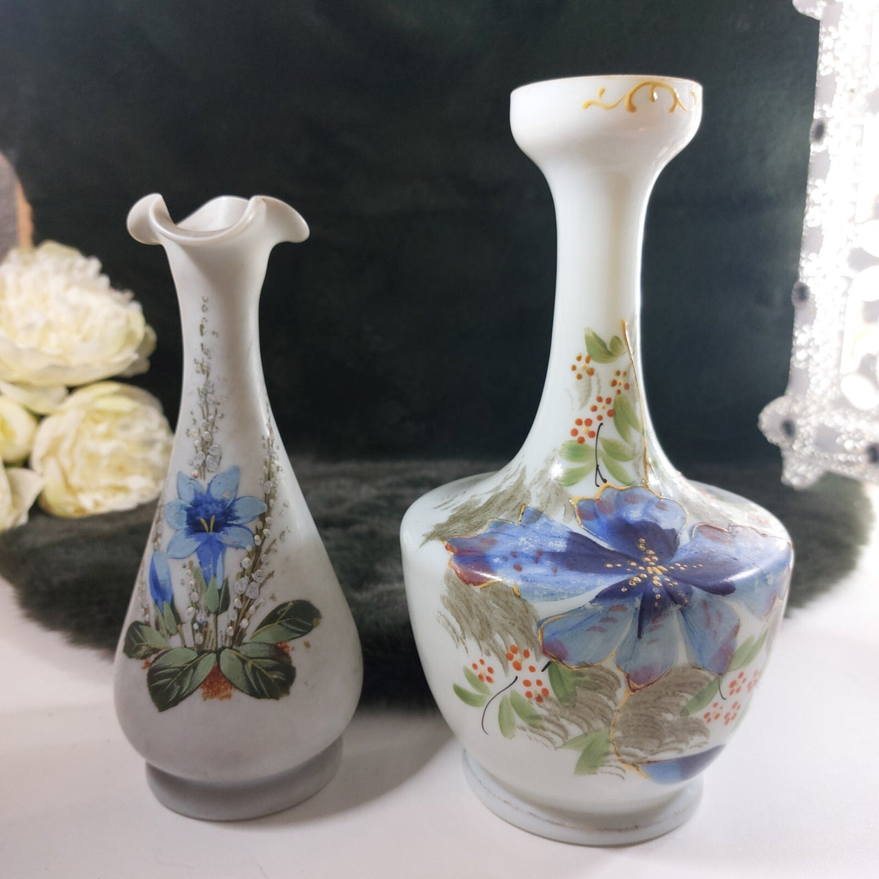 Rare Pair Antique of Hand-Painted Satin Glass Vases Milk Flowers Decor Porcelain14