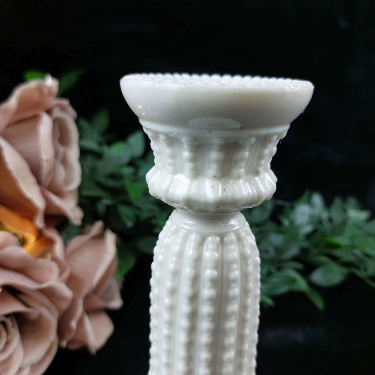 Rare Milk Glass porcelain Candlestick Holder, Black Dot Chipped Rim & Base 6.5"4