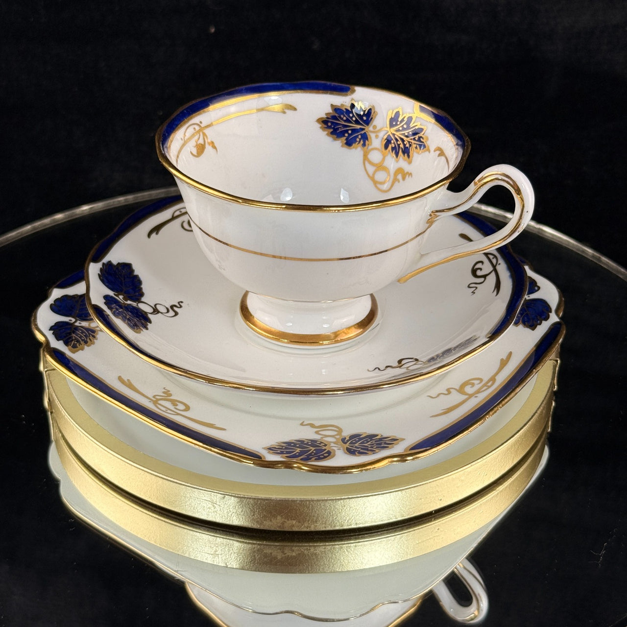 Rare Royal Albert Crown China Blue Gold Leaf Tea Set Trio x2 & Jug England 1930s1