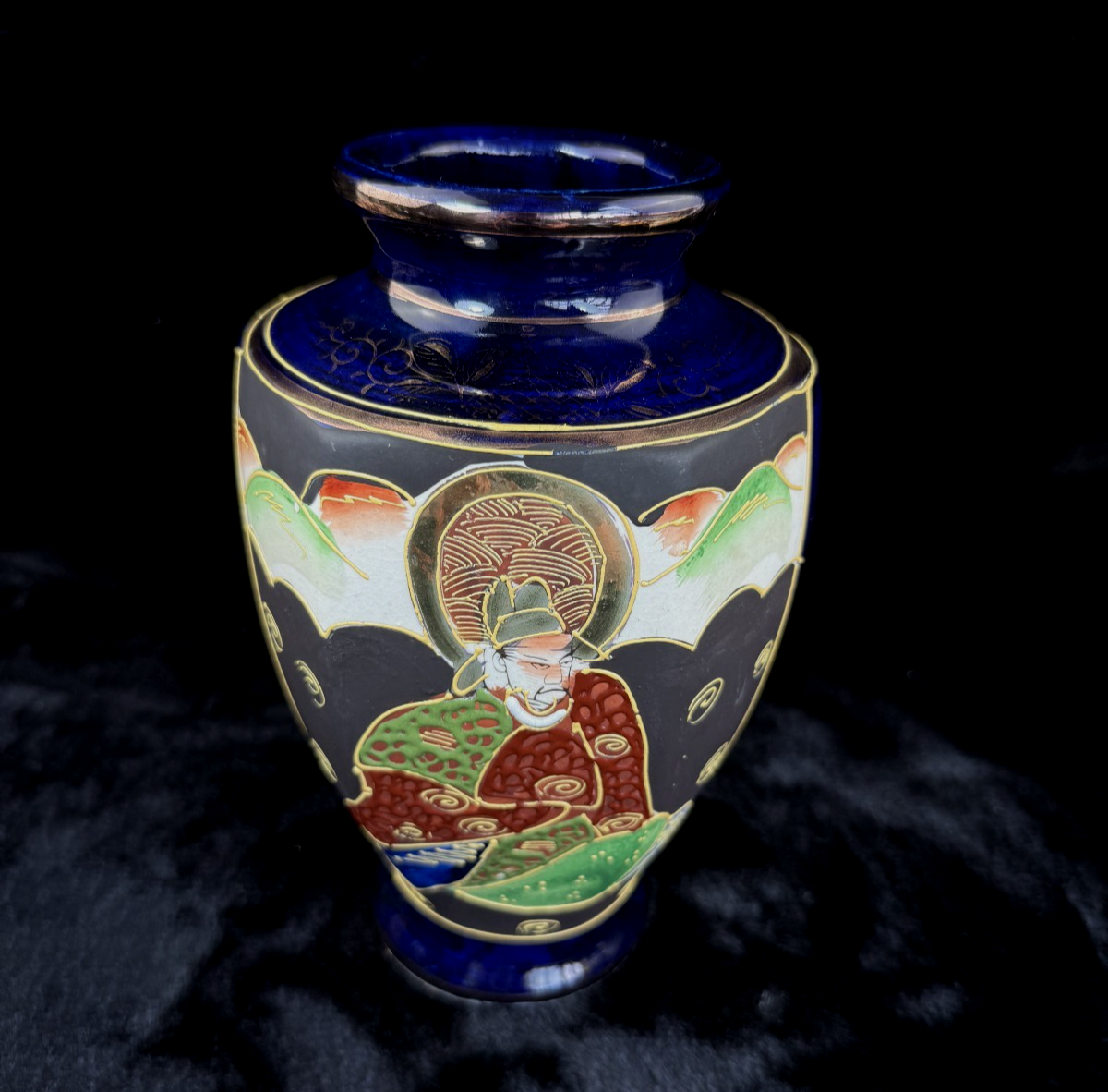 Oriental Hand-Painted navy blue Vase - 'Foreign' Mark Antique Porcelain Satsuma.0