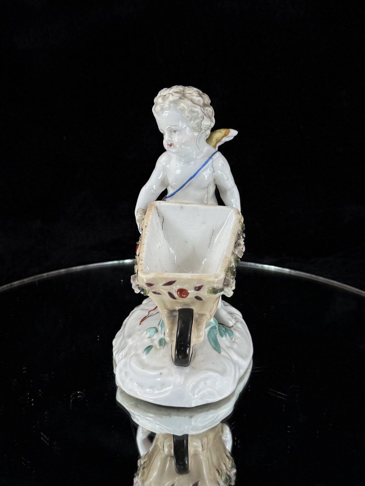 Antique Cupid German Porcelain Figurine w Wheelbarrow Match Holder SPM see pics.10