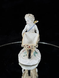 Thumbnail for Antique Cupid German Porcelain Figurine w Wheelbarrow Match Holder SPM see pics.10