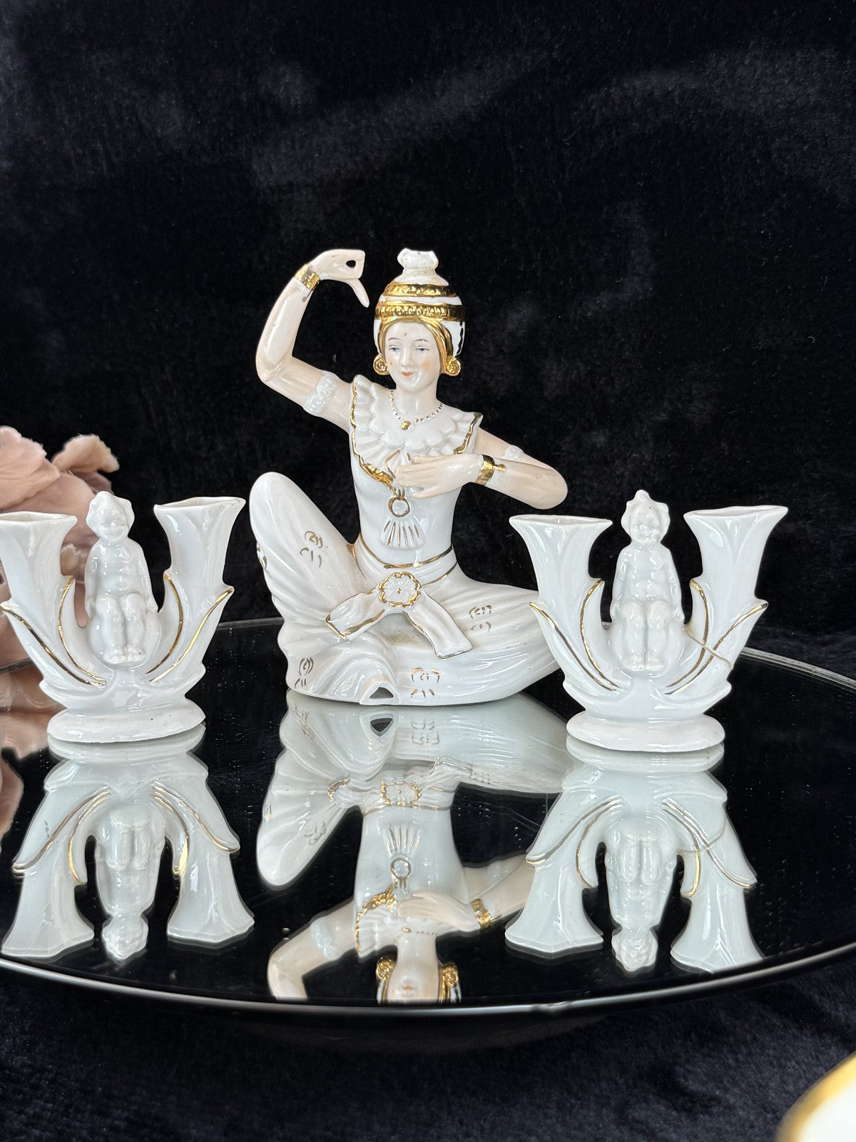 Vintage Mid-Century Figurine Porcelain Set - Dancer with Two Candle Holders3