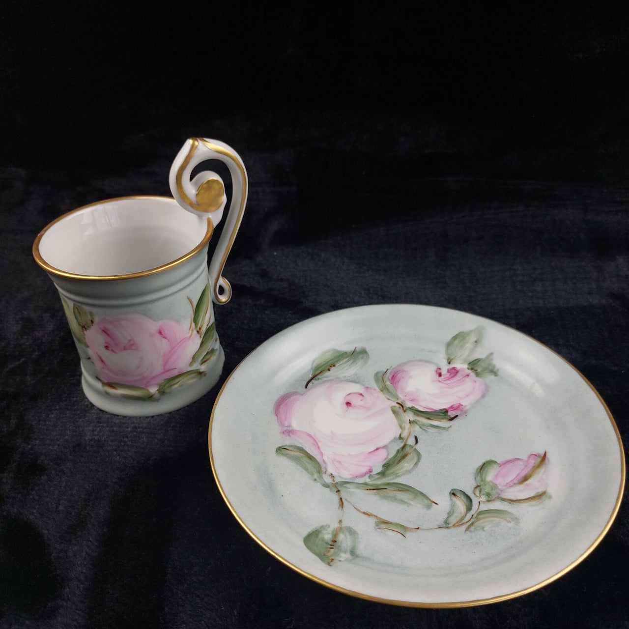 Capodimonte Hand Painted Cup Italy & Plate Set Pink Rose Gold Rim Floral Sallin/4
