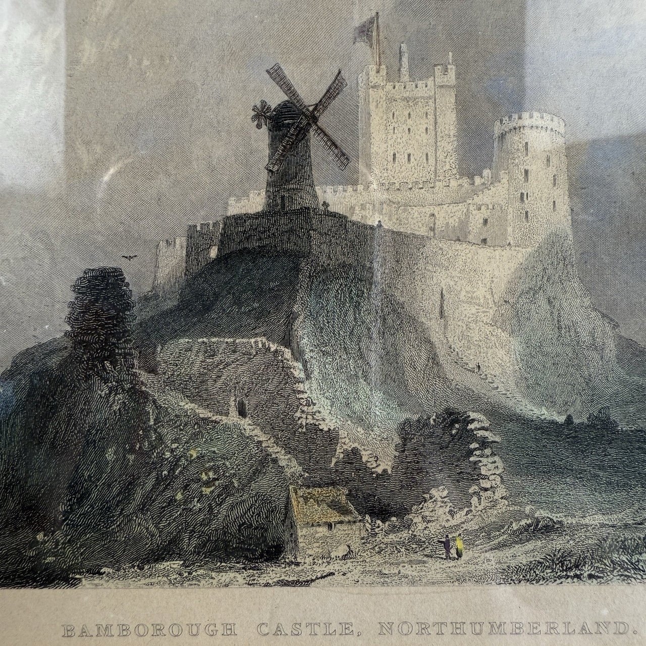Pair Antique c.1830s Thomas Allom Engravings pr Bamborough & Holy Island Castle.6