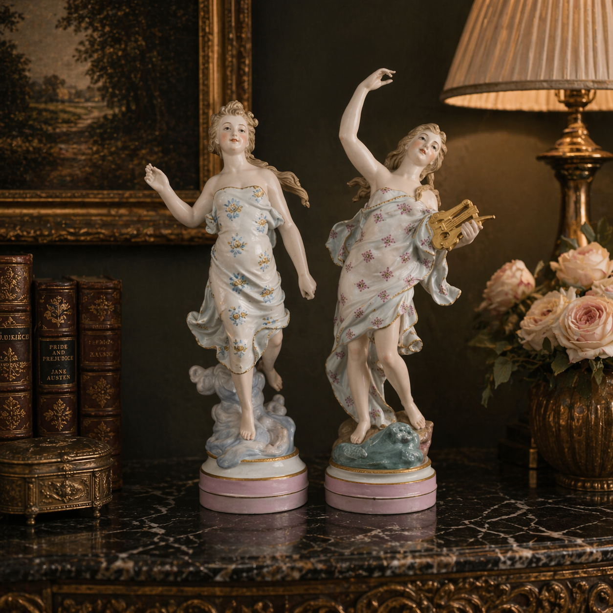 Augarten Vienna Porcelain Ladies Musician Figurines Lyre Pair Austria Antique se0