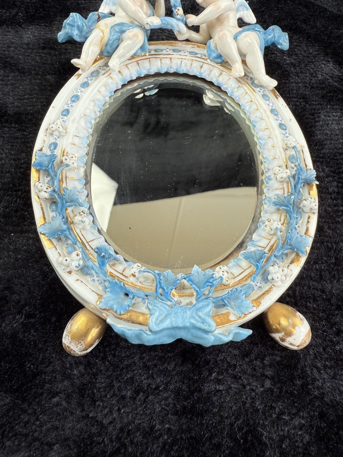 French Antique Style Porcelain Mirror with Cherub Figurines repaired leg Gilt3