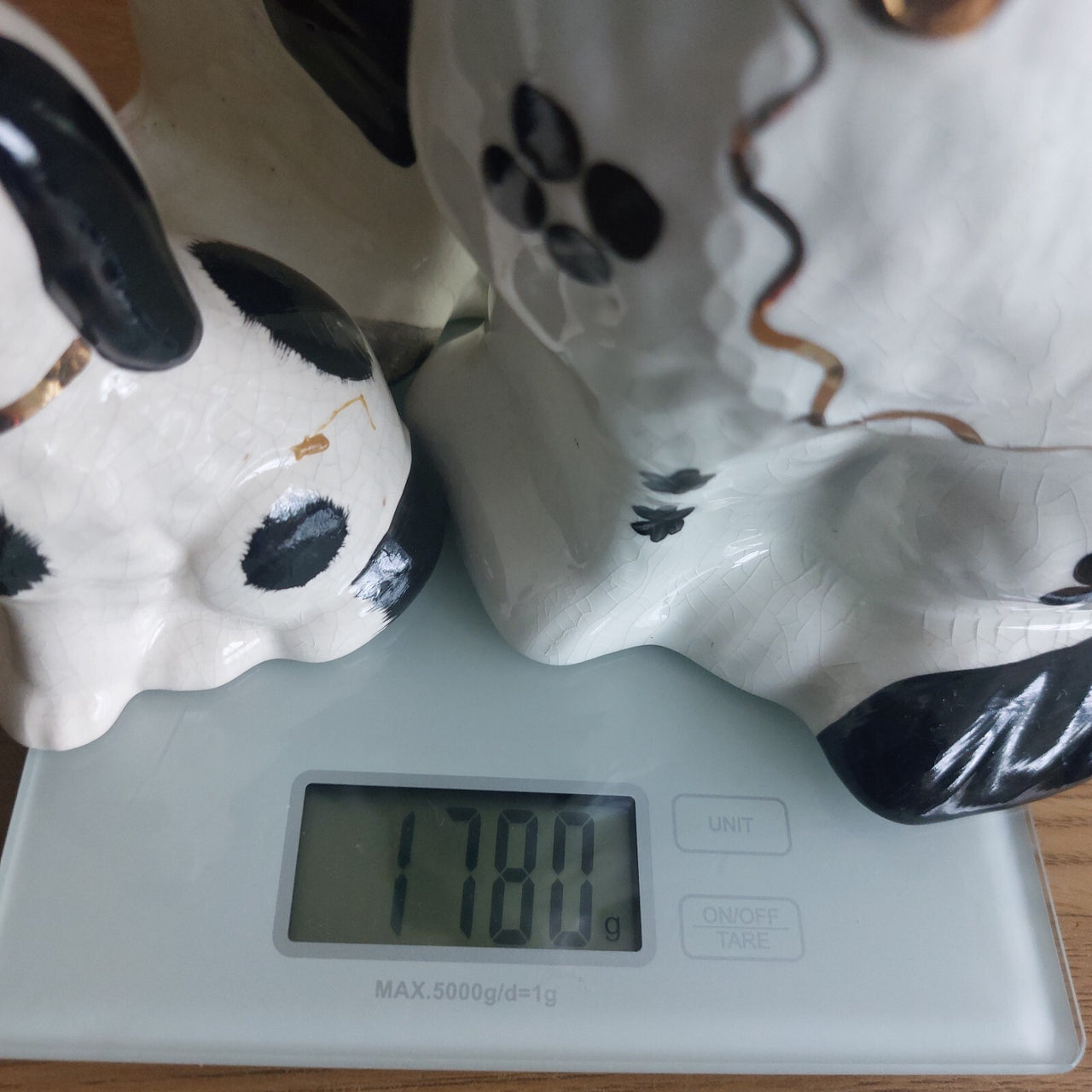 Staffordshire Dog Figures Trio White Black , 7.5 in, 4.5 in Handpaint 9.5" Large16
