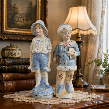 19th c Antique German Porcelain Figurine Pair Two Children Bisque &Glazed Finish0