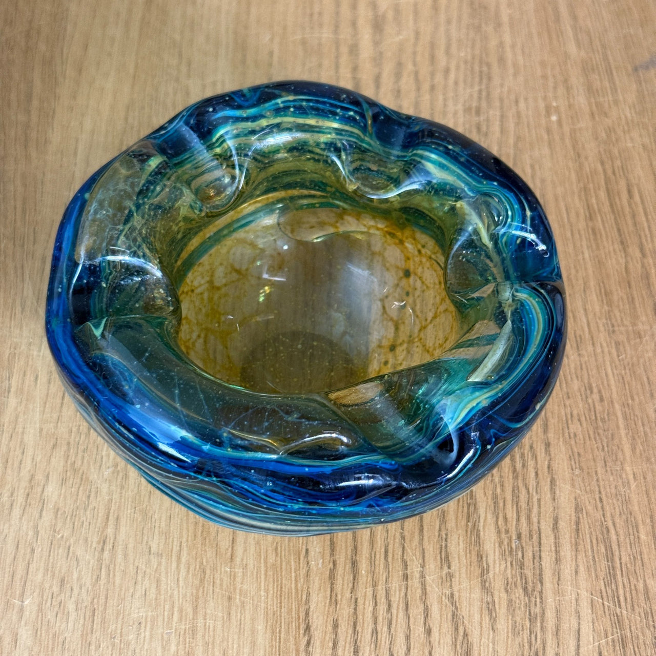 Mdina Malta Art Glass Ashtray 80s Blue Yellow Swirl 13cm Heavy see the pics deco8