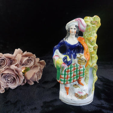 Staffordshire Figurine antique Lady Rabbit Basket Porcelain Statue  10