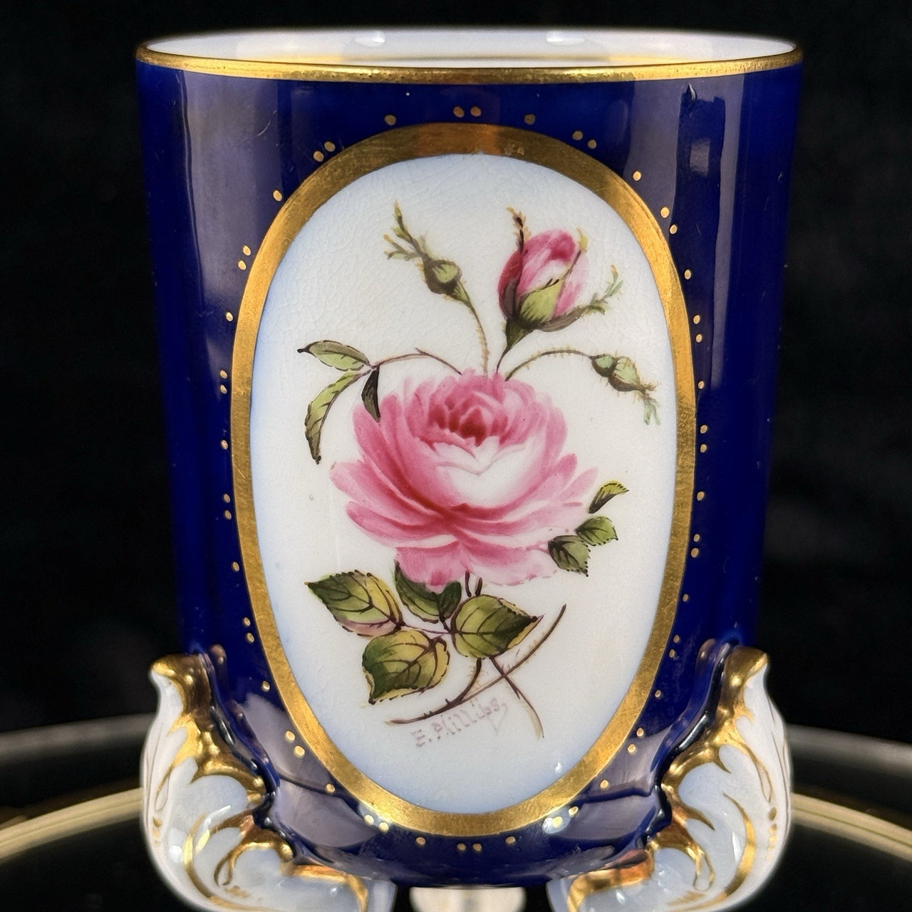 Royal Worcester Tripod Vase Blue Cobalt Pink Rose Hand Painted Gilt Antique Styl10