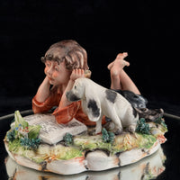 Thumbnail for Italian Capodimonte Figurine Boy Reading with Dog and Shoes bookshelf gift decor3