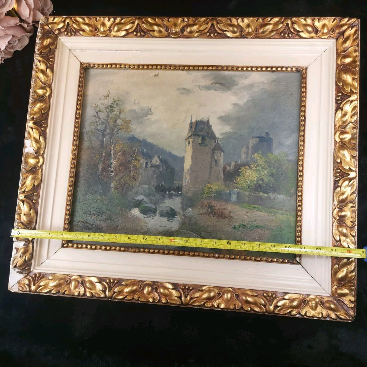19th L. Century Henry Oil painting Castle Study 44×36cm See Gold Frame Antique.17