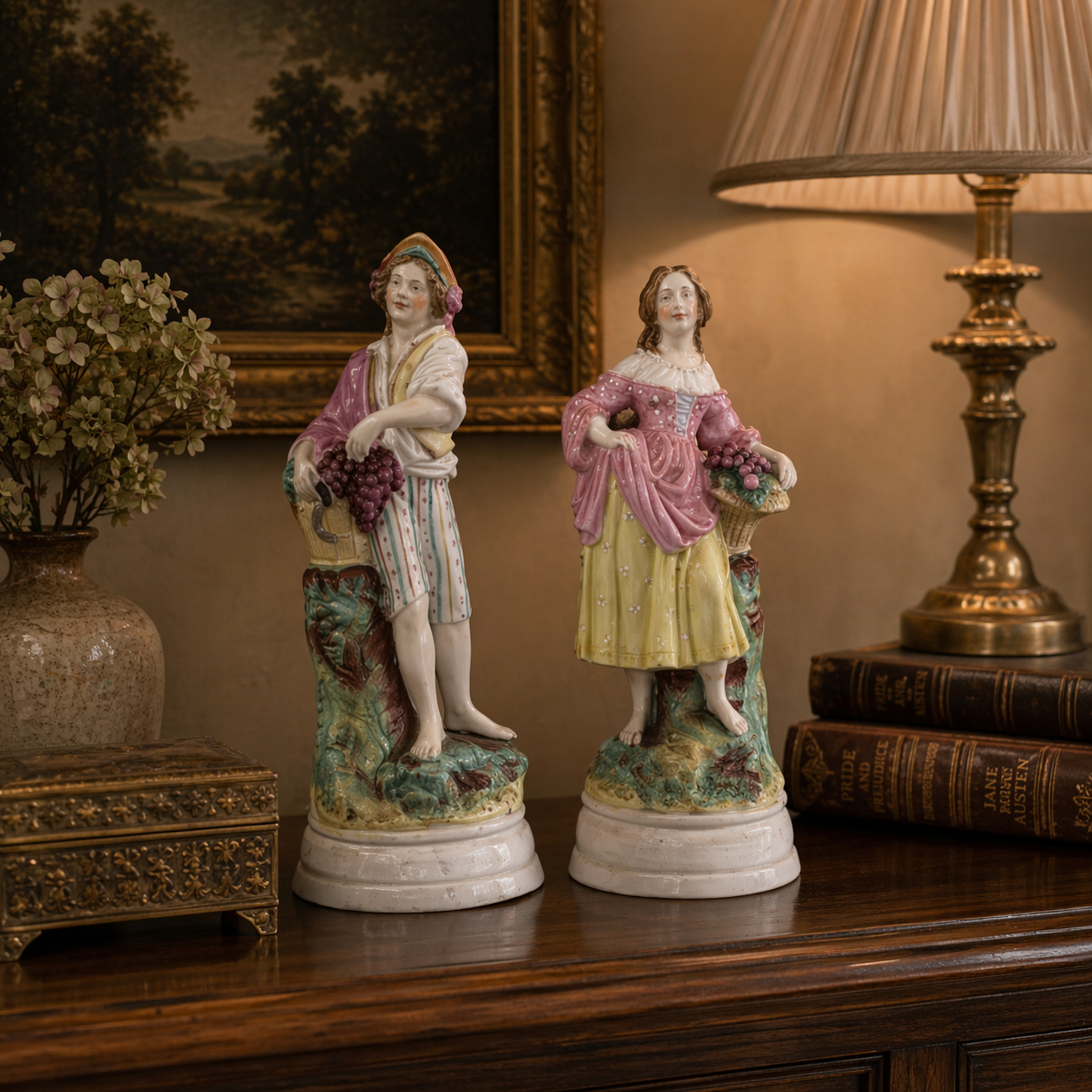 Antique 19th c Victorian Staffordshire Style Figurines Grapes & Harvester couple0