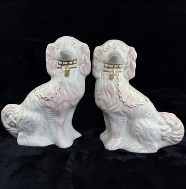 Antique Staffordshire Porcelain Pink and White  Pair King Charles Spaniel decor0