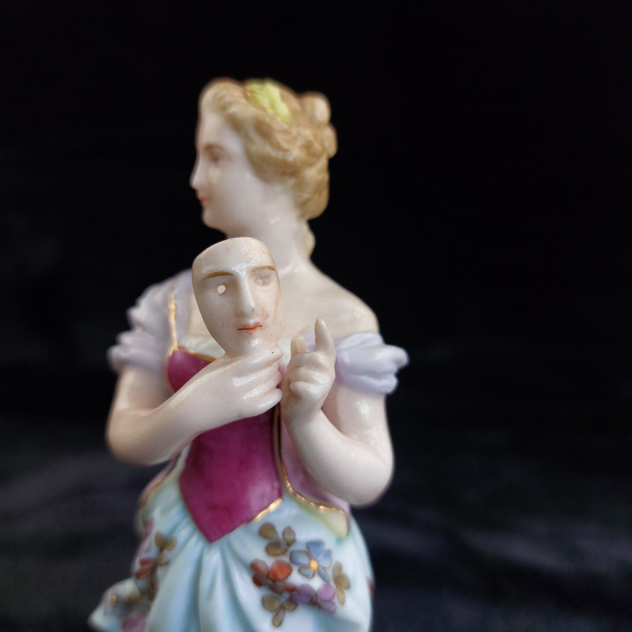 German Porcelain Lady Figurine Holding Mask Flowered Dress Victorian Antique12