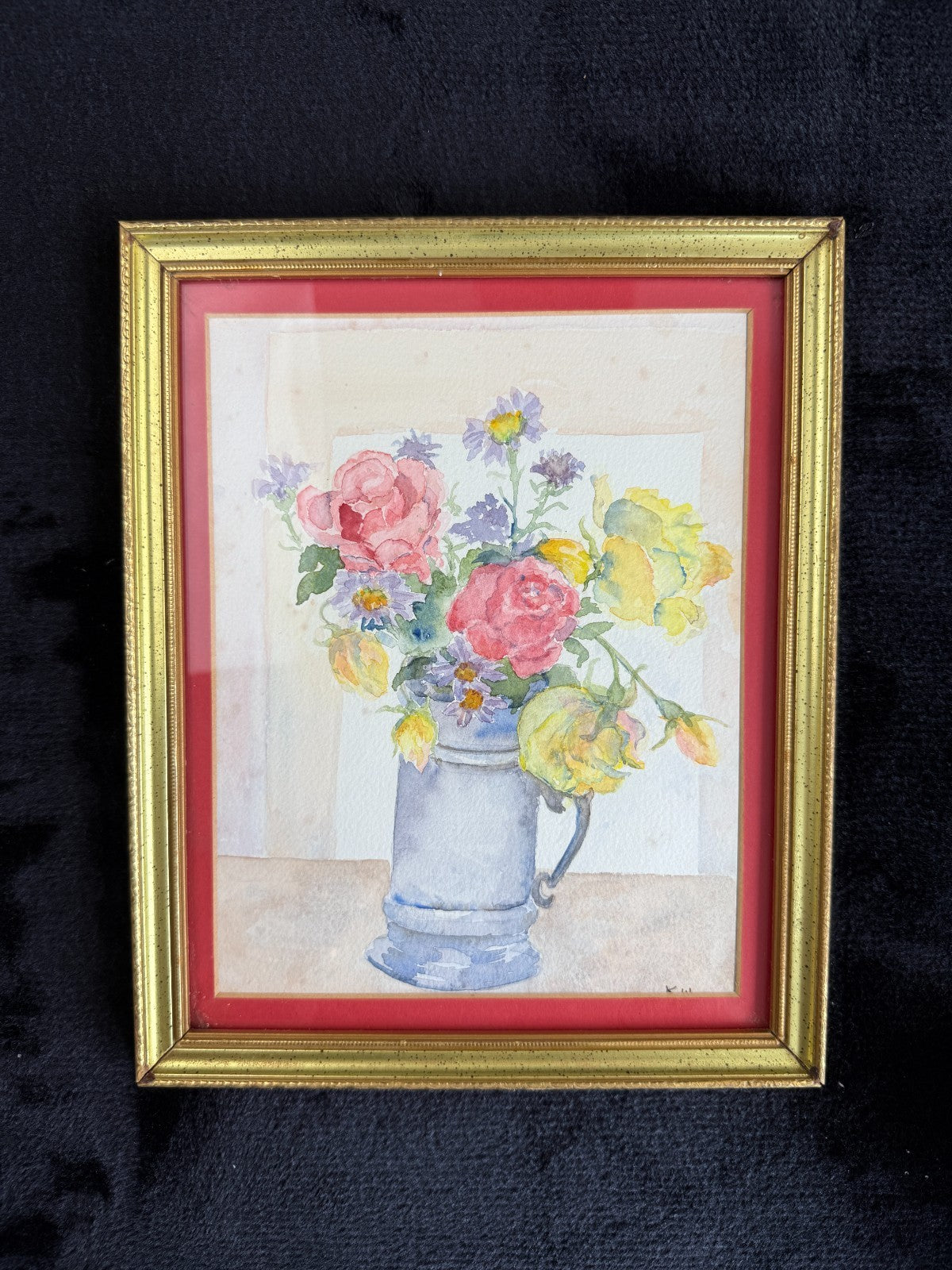 Still Watercolor Life: Roses and Daisies in a Pewter Mug, Signed K.W. Painting3