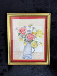 Thumbnail for Still Watercolor Life: Roses and Daisies in a Pewter Mug, Signed K.W. Painting3