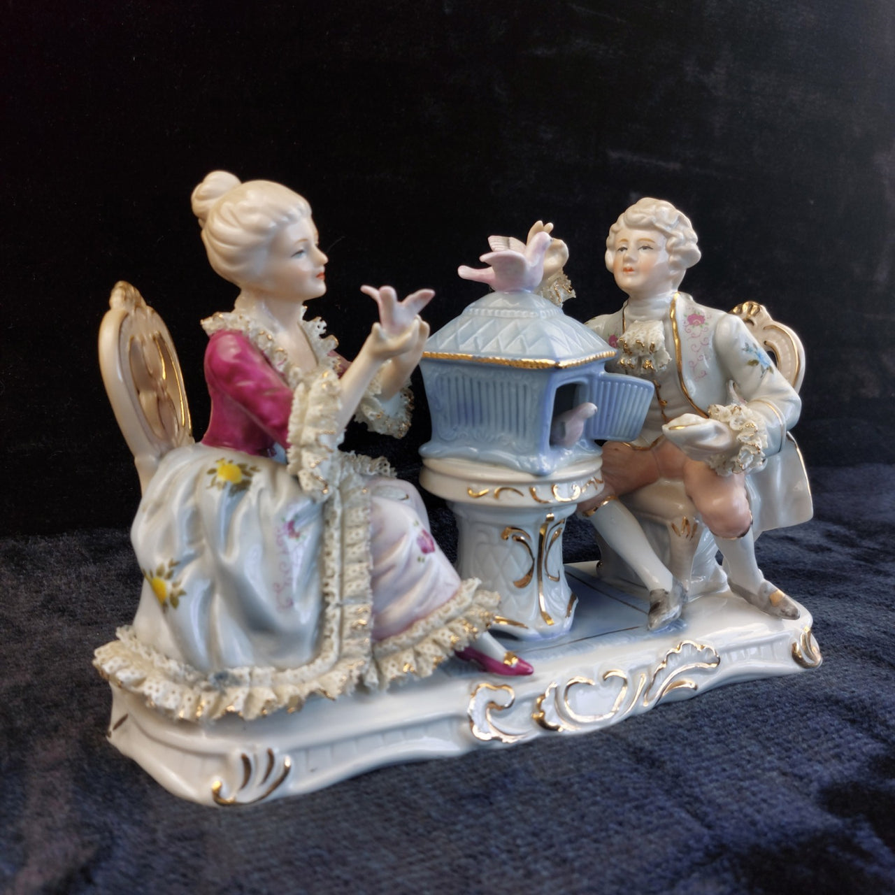 Dresden Style Porcelain Couple with Birds cage –Worn Lace & Tip Damage Gilt 9in5