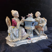Thumbnail for Dresden Style Porcelain Couple with Birds cage –Worn Lace & Tip Damage Gilt 9in5