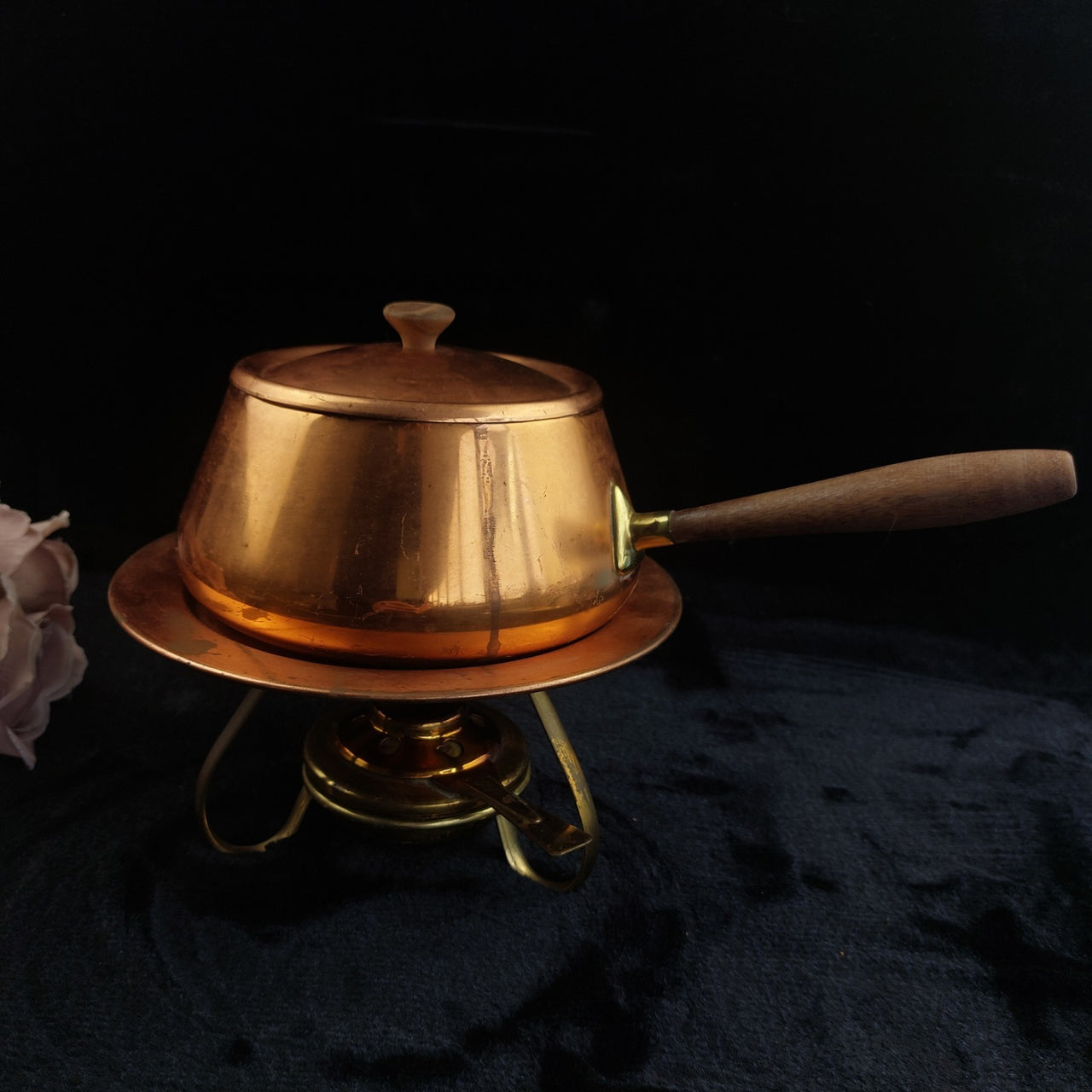 Tagus Copper Fondue Pot Set with Burner Made in Portugal Wood Handle gift0