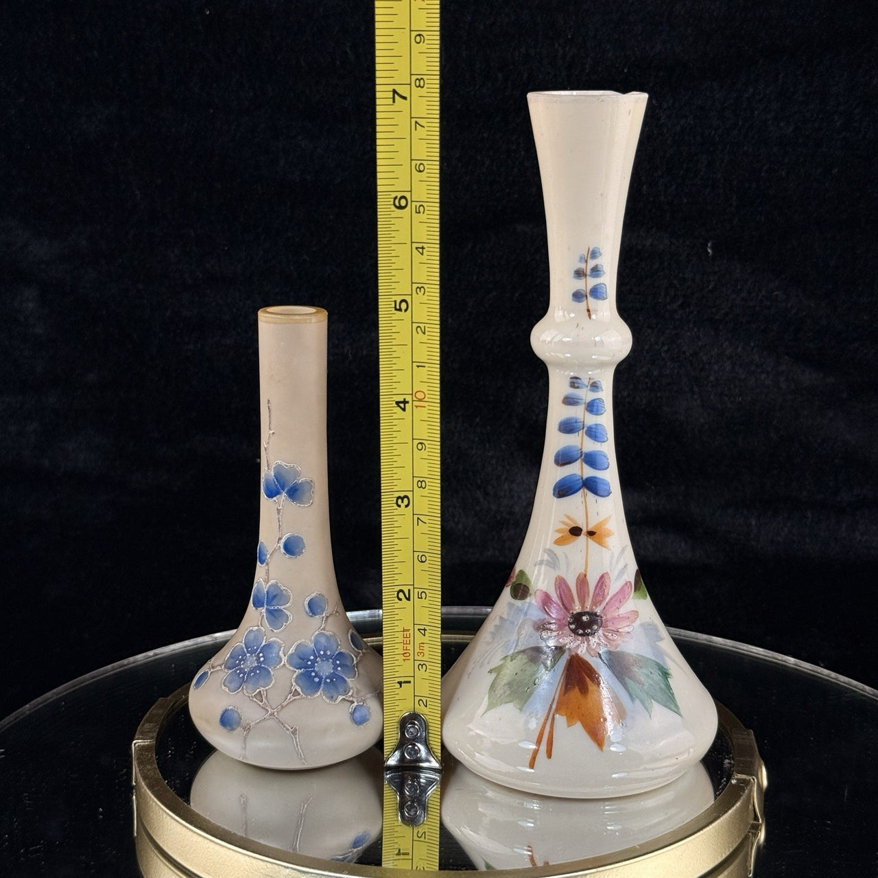 Vintageantique Hand Painted Milk Glass Bud Vase pair Floral Motif Blue Enamel3