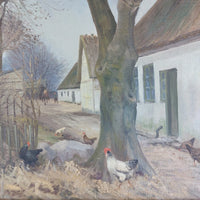 Thumbnail for Original Bertel C. Nielsen Oil Painting – Chickens by a White Cottage | Vintage Danish Art | Framed