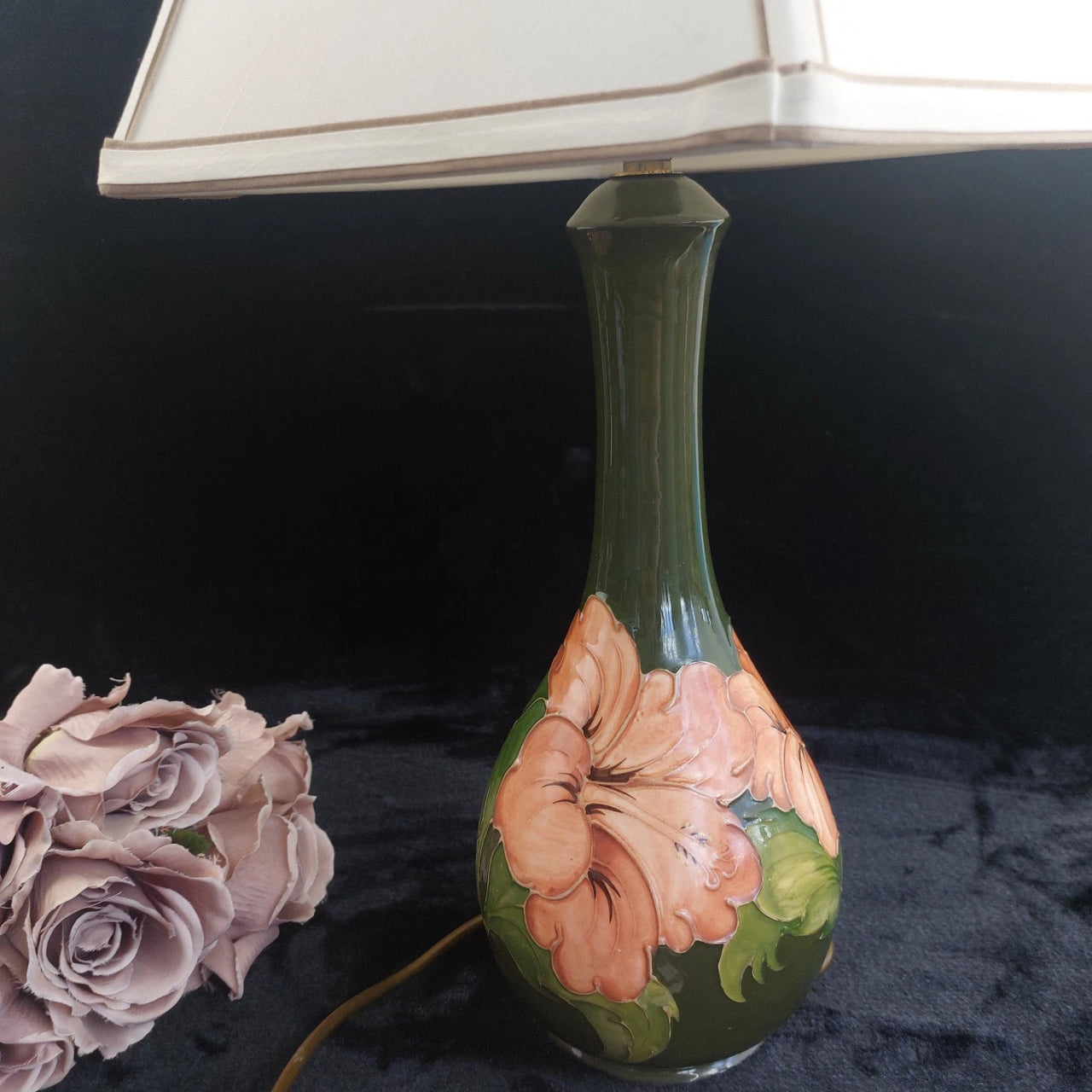 Moorcroft Green Floral Table Lamp with Original Shade | Hand-Painted Tube-Lined Ceramic | 22" Tall