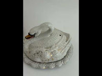 Antique 19th c. large Staffordshire Swan Ceramic Butter Dish and Cover HandPaint