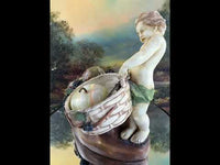Antique Putti Figurine Planter with Wicker Baskets and Berries - Majolica Style