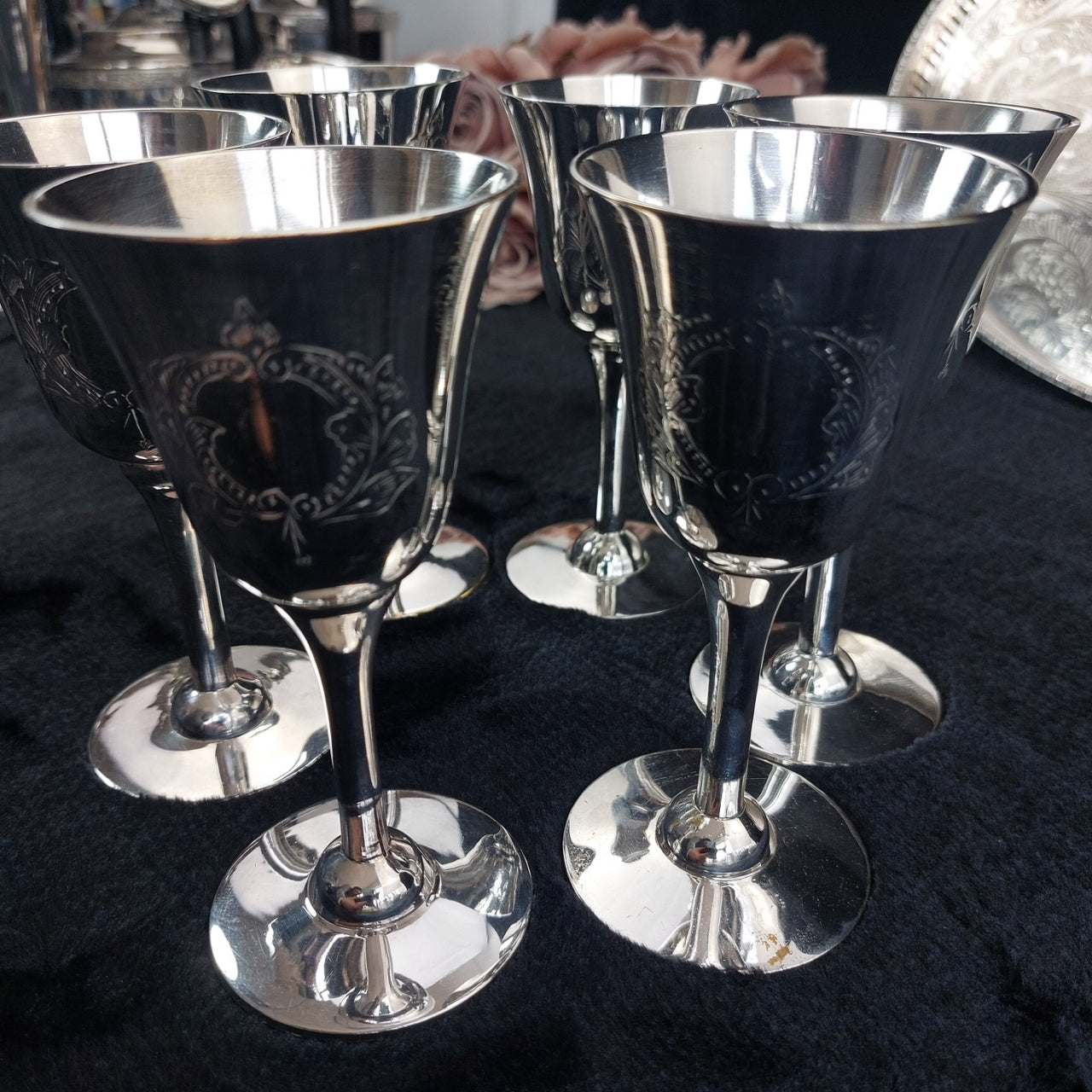 Sheffield Plated Silver Goblets & Tray Set 7pc EPNS Ornate Engraved Vintage Deco15