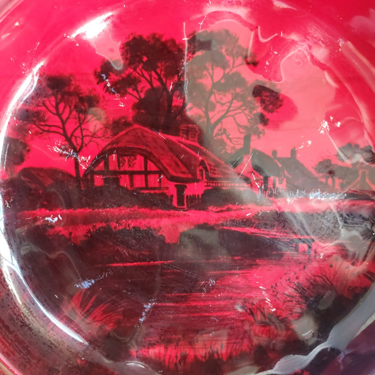 Royal Doulton Flambe Noke Bowl Scenic Red Transferware Dish, England chipped.4
