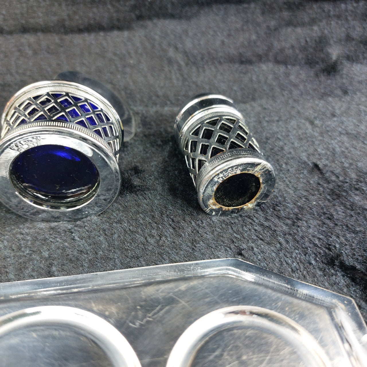 Falcon Plate  Condiment Set Cobalt Liners Mustard Salt Pepper Tray England 17.5c14