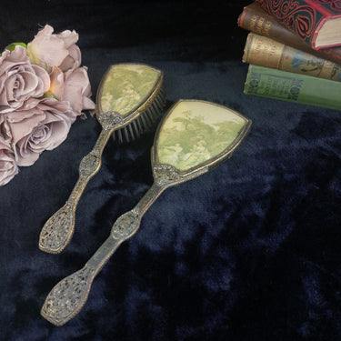 Vintage Antique Ornate Hand Mirror & Brush Set Filigree Metal Rococo Style decor1