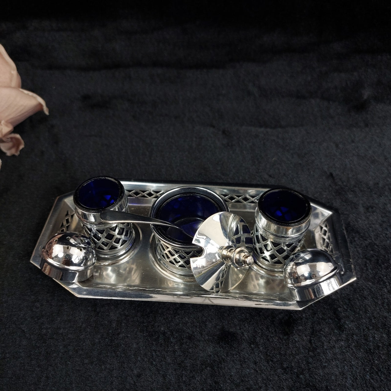 Falcon Plate  Condiment Set Cobalt Liners Mustard Salt Pepper Tray England 17.5c1