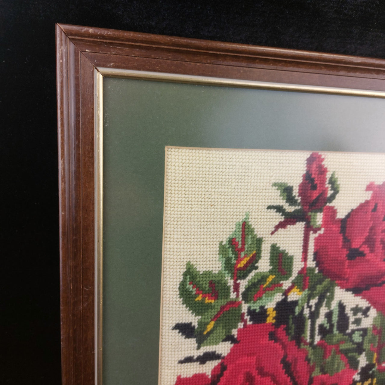 Framed Handmade Needlepoint Art - 19" x 16 " Red Roses Design Unique handmade .13