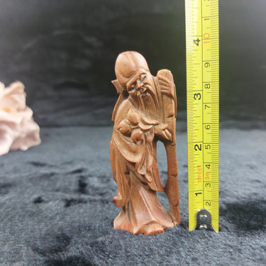 HandCarved Teak Wood Asian Elder Figurine – Holding Fruit & Staff  3.75