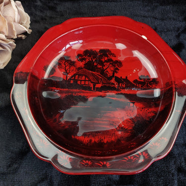 Royal Doulton Flambe Noke Bowl Red Scenic Transferware Dish, England chipped.1